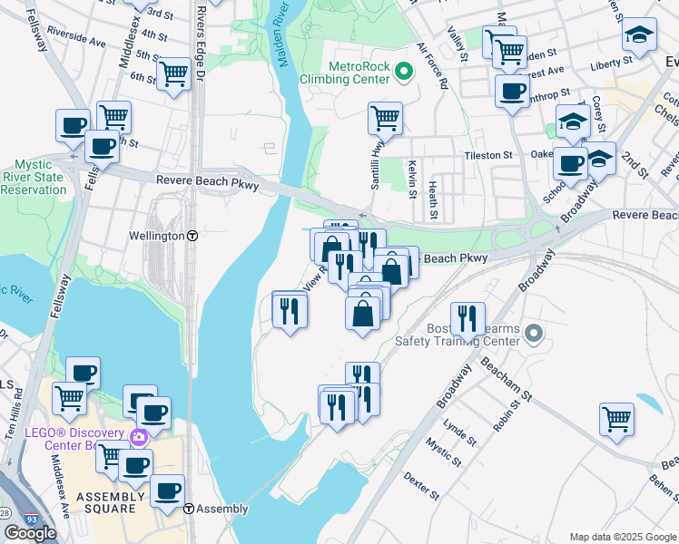 map of restaurants, bars, coffee shops, grocery stores, and more near 25 Mystic View Road in Everett
