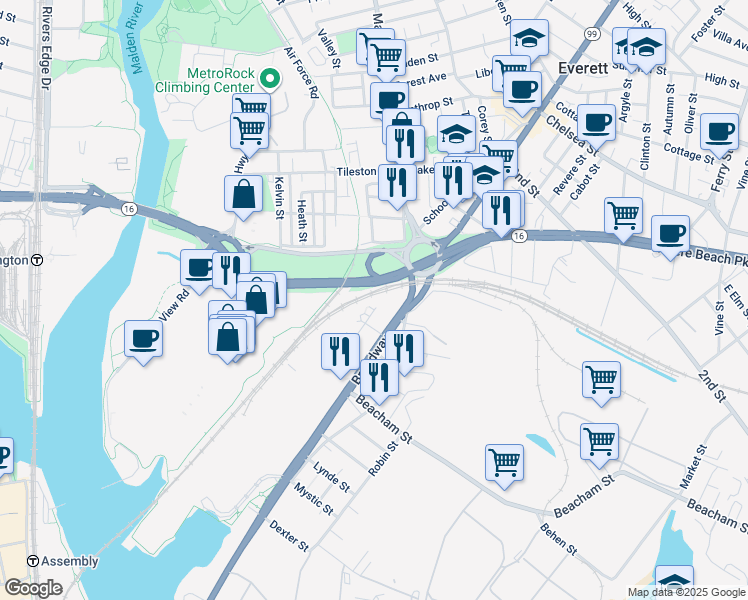 map of restaurants, bars, coffee shops, grocery stores, and more near 43 Charlton Street in Everett