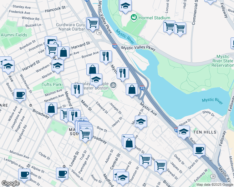 map of restaurants, bars, coffee shops, grocery stores, and more near 407R Mystic Avenue in Medford
