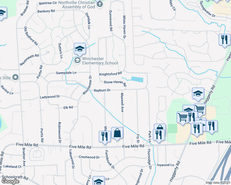 map of restaurants, bars, coffee shops, grocery stores, and more near 15899 Maxwell Avenue in Plymouth