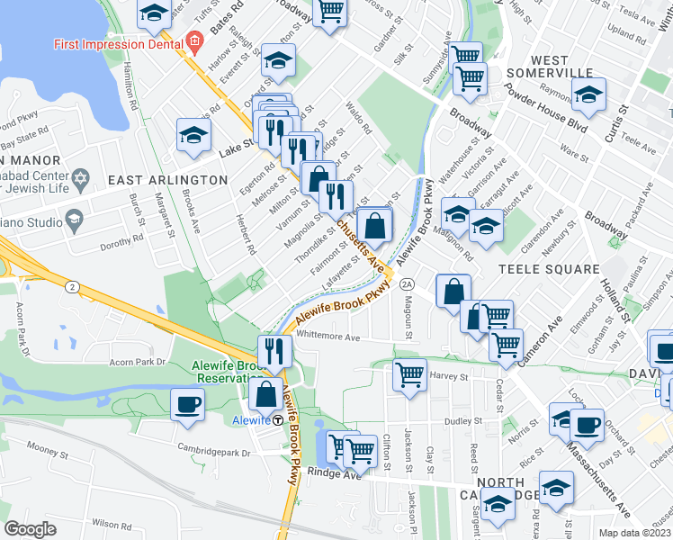 map of restaurants, bars, coffee shops, grocery stores, and more near 25 Lafayette Street in Arlington