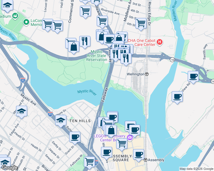 map of restaurants, bars, coffee shops, grocery stores, and more near Wellington Bridge in Medford