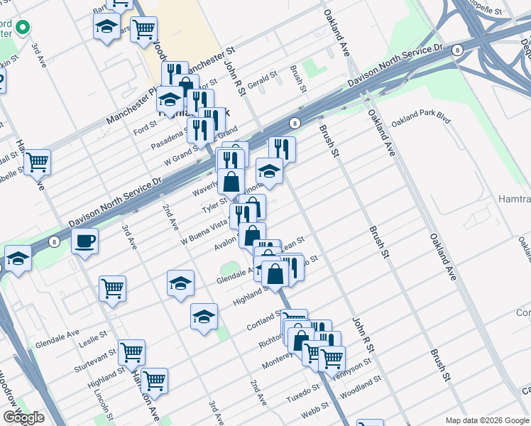 map of restaurants, bars, coffee shops, grocery stores, and more near 2 East Buena Vista Street in Highland Park