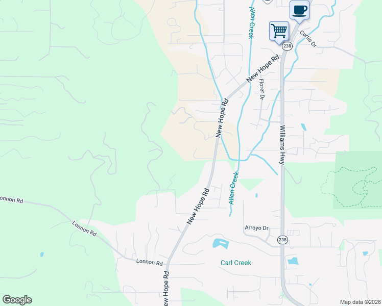 map of restaurants, bars, coffee shops, grocery stores, and more near 2990 New Hope Road in Grants Pass
