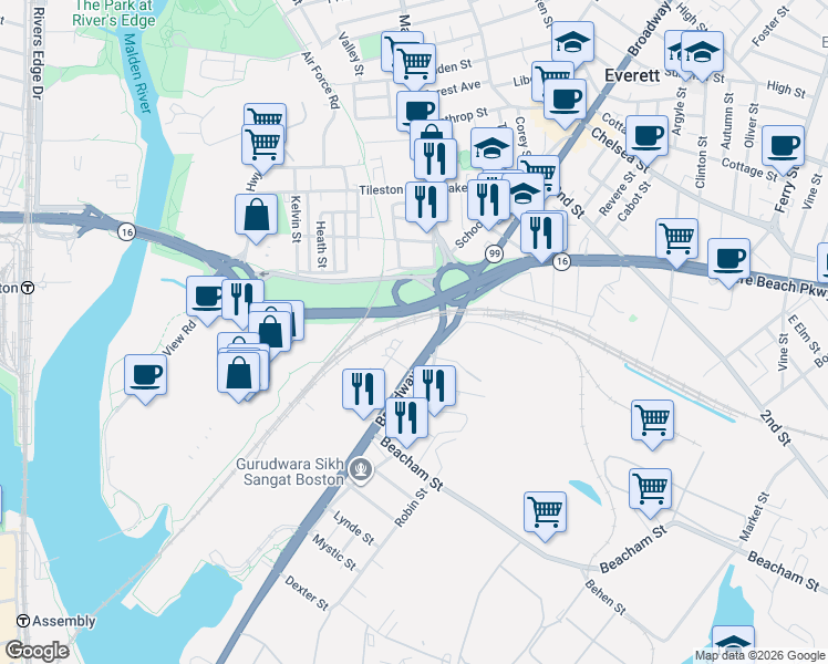 map of restaurants, bars, coffee shops, grocery stores, and more near 1 Bowdoin Street in Everett