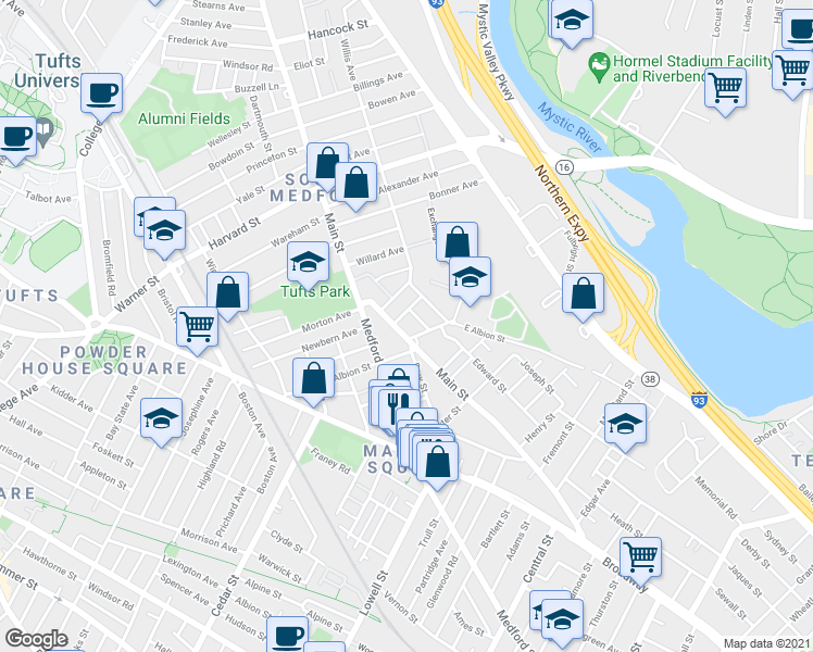 map of restaurants, bars, coffee shops, grocery stores, and more near 509 Main Street in Medford