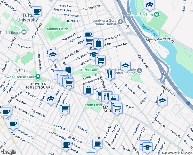 map of restaurants, bars, coffee shops, grocery stores, and more near 28 Newbern Avenue in Medford
