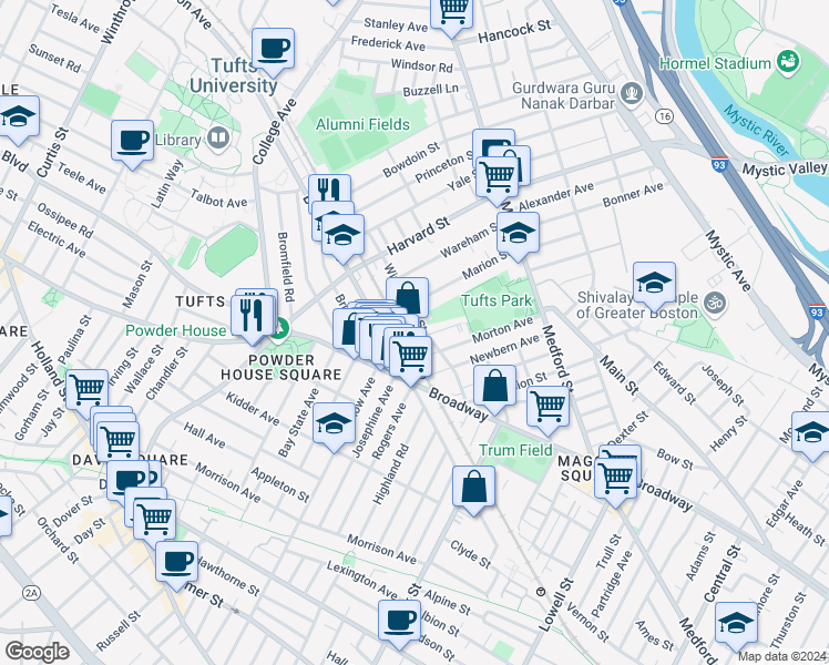 map of restaurants, bars, coffee shops, grocery stores, and more near 642 Boston Avenue in Medford