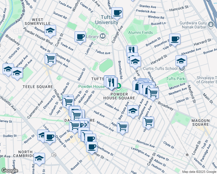map of restaurants, bars, coffee shops, grocery stores, and more near 126 College Avenue in Somerville