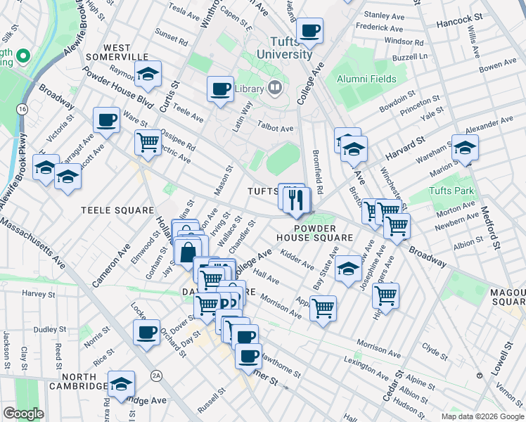 map of restaurants, bars, coffee shops, grocery stores, and more near 32 Billingham Street in Somerville