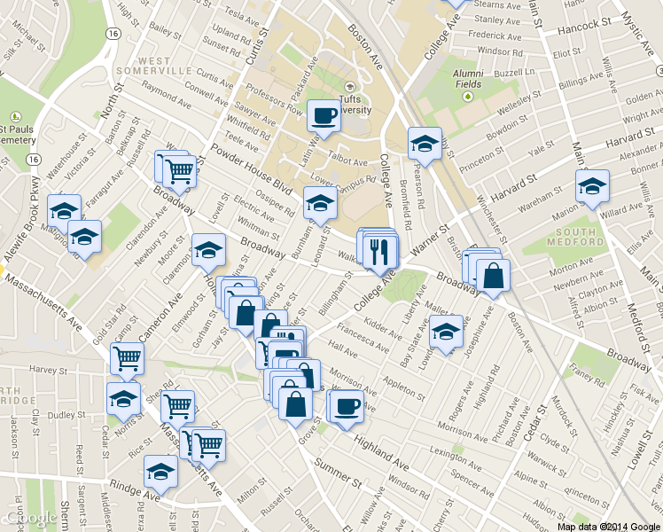 map of restaurants, bars, coffee shops, grocery stores, and more near 28 Billingham Street in Somerville