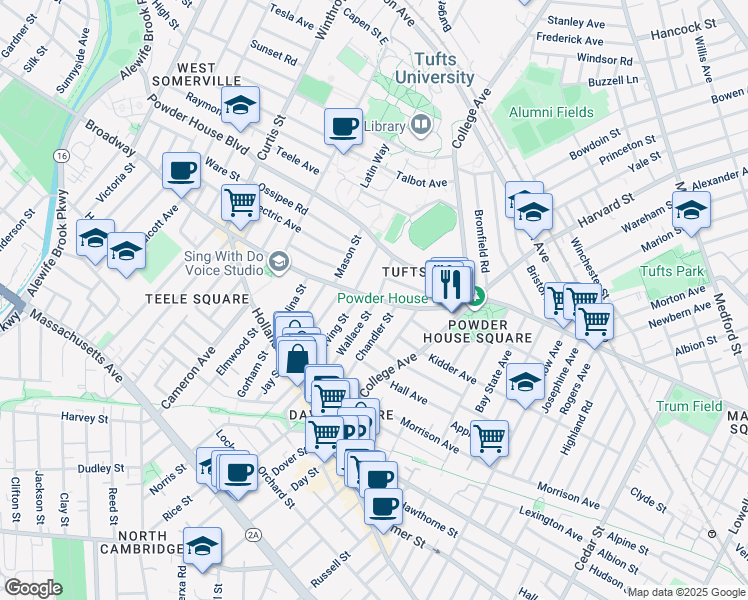 map of restaurants, bars, coffee shops, grocery stores, and more near 95 Wallace Street in Somerville