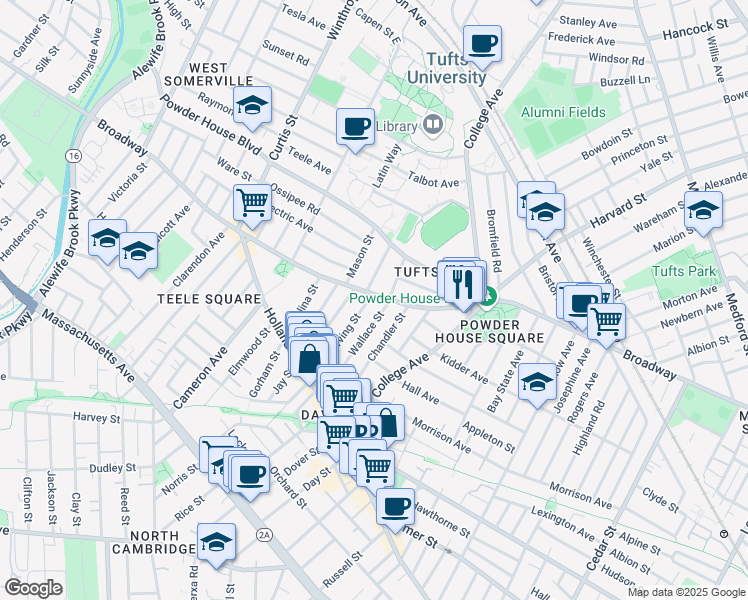 map of restaurants, bars, coffee shops, grocery stores, and more near 95 Wallace Street in Somerville