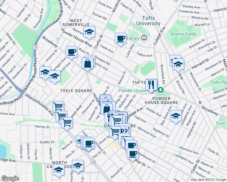 map of restaurants, bars, coffee shops, grocery stores, and more near 66 Irving Street in Somerville