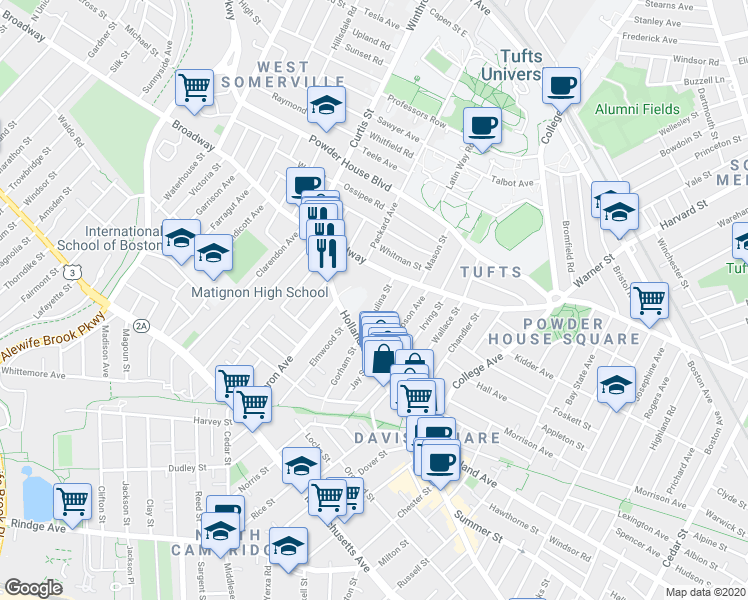 map of restaurants, bars, coffee shops, grocery stores, and more near 41 Corinthian Road in Somerville