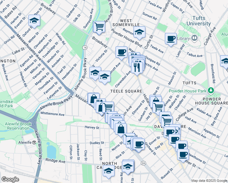 map of restaurants, bars, coffee shops, grocery stores, and more near 82 Newbury Street in Somerville