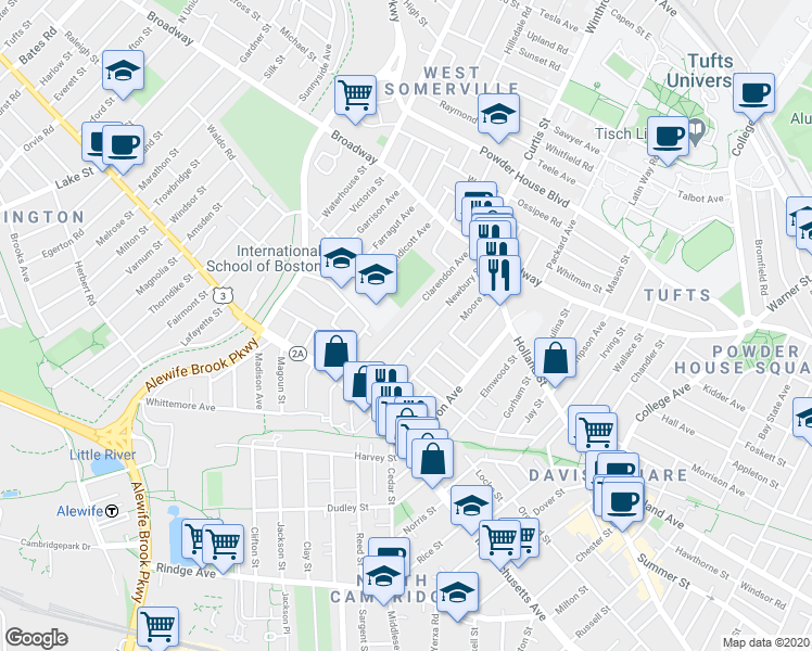 map of restaurants, bars, coffee shops, grocery stores, and more near 82 Newbury Street in Somerville