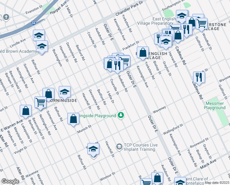 map of restaurants, bars, coffee shops, grocery stores, and more near 4695 Courville Street in Detroit