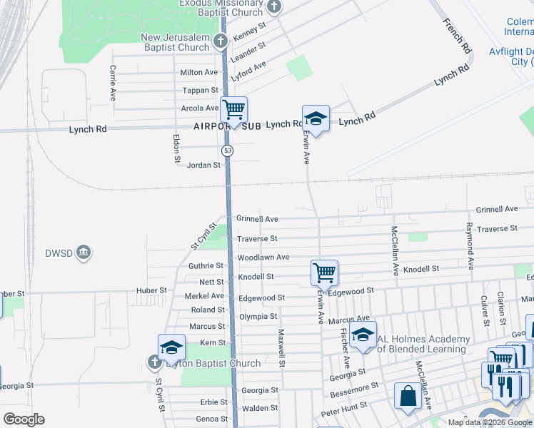 map of restaurants, bars, coffee shops, grocery stores, and more near 8120 Grinnell Avenue in Detroit