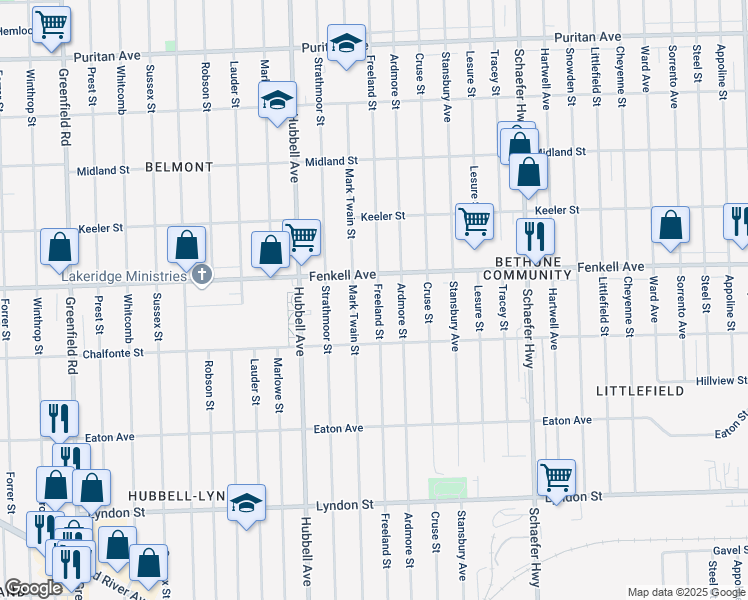 map of restaurants, bars, coffee shops, grocery stores, and more near 15049 Freeland Street in Detroit