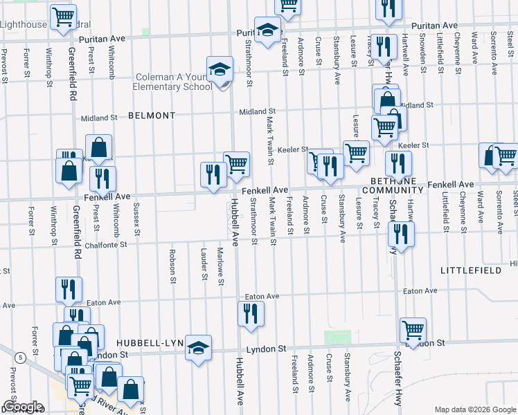 map of restaurants, bars, coffee shops, grocery stores, and more near 15055 Mark Twain Street in Detroit