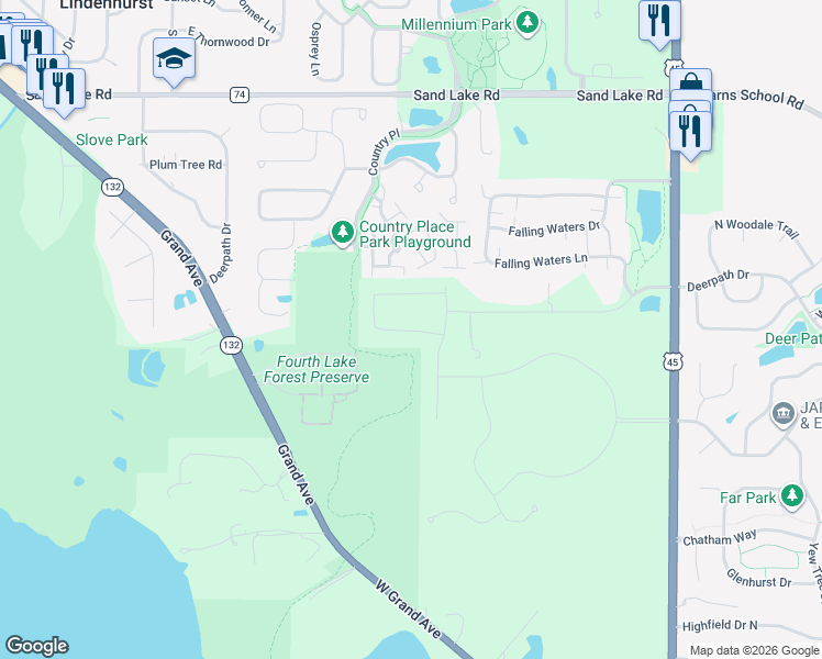 map of restaurants, bars, coffee shops, grocery stores, and more near 19889 West Grand Avenue in Lake Villa