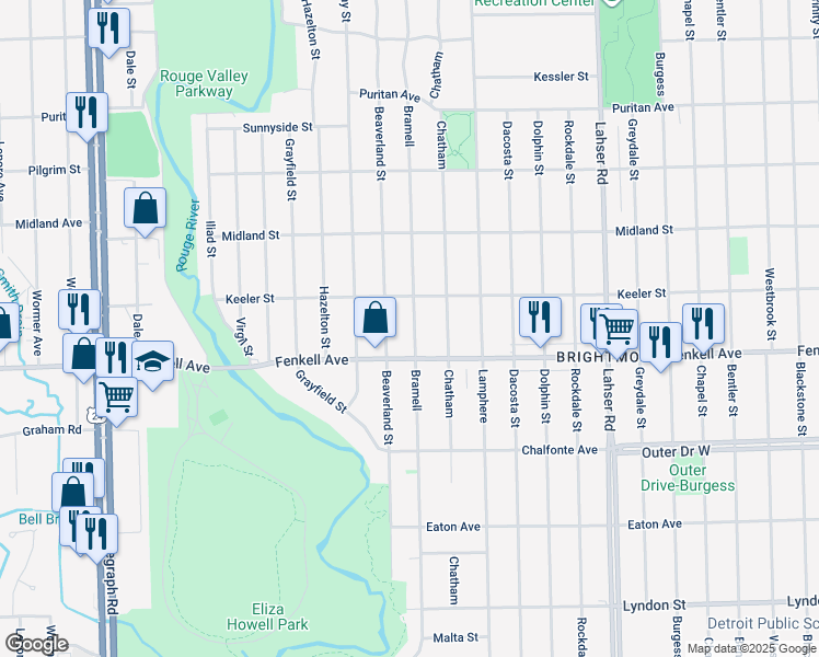 map of restaurants, bars, coffee shops, grocery stores, and more near 15337 Bramell in Detroit