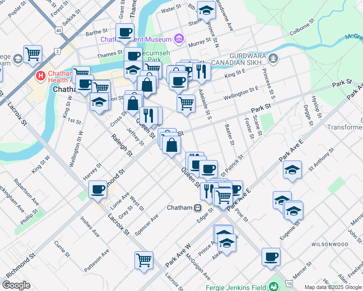 map of restaurants, bars, coffee shops, grocery stores, and more near Dufferin Avenue in Chatham-Kent