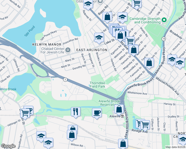 map of restaurants, bars, coffee shops, grocery stores, and more near 68 Edith Street in Arlington