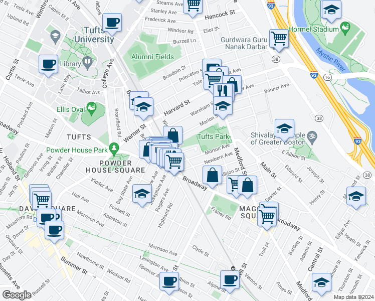 map of restaurants, bars, coffee shops, grocery stores, and more near Granville Avenue in Medford