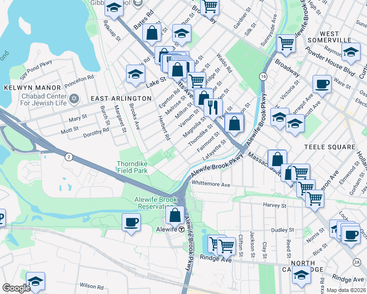 map of restaurants, bars, coffee shops, grocery stores, and more near 143 Thorndike Street in Arlington