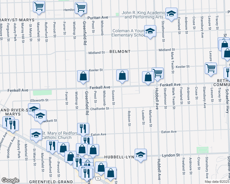 map of restaurants, bars, coffee shops, grocery stores, and more near 15116 Sussex Street in Detroit