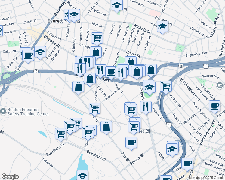 map of restaurants, bars, coffee shops, grocery stores, and more near 1760 Revere Beach Parkway in Everett