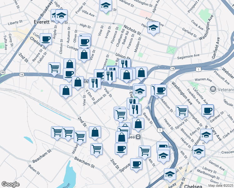 map of restaurants, bars, coffee shops, grocery stores, and more near 1690 Revere Beach Parkway in Everett