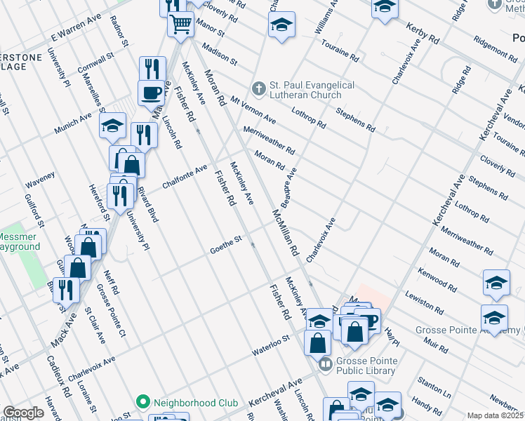 map of restaurants, bars, coffee shops, grocery stores, and more near 301 Mc Kinley Avenue in Grosse Pointe Farms