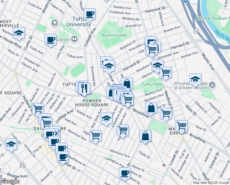 map of restaurants, bars, coffee shops, grocery stores, and more near in Somerville