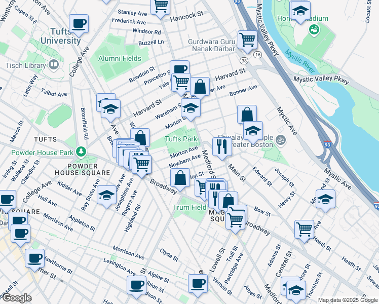 map of restaurants, bars, coffee shops, grocery stores, and more near 20 Morton Avenue in Medford
