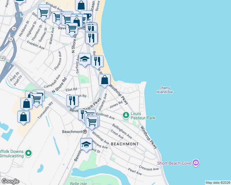 map of restaurants, bars, coffee shops, grocery stores, and more near 26 Wave Avenue in Revere