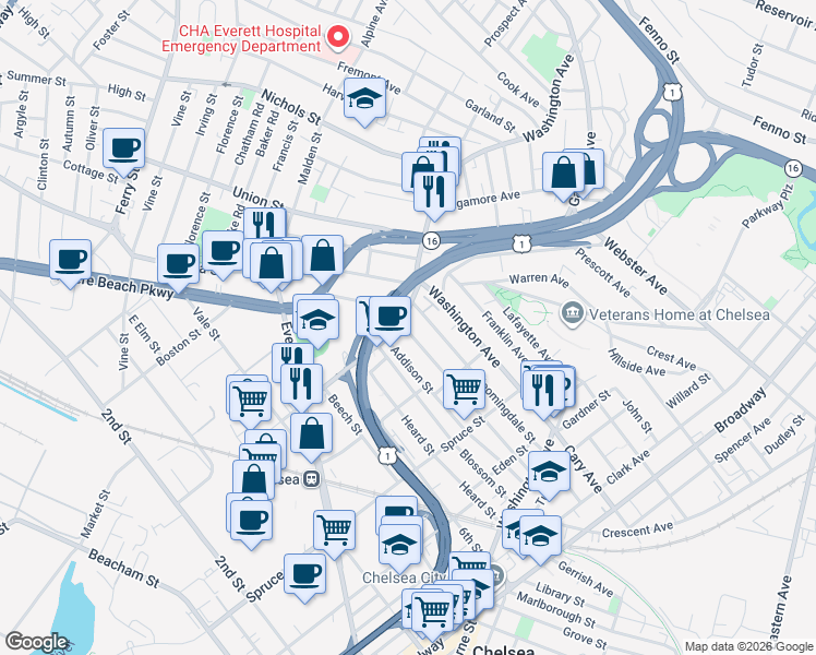 map of restaurants, bars, coffee shops, grocery stores, and more near 139 Addison Street in Chelsea