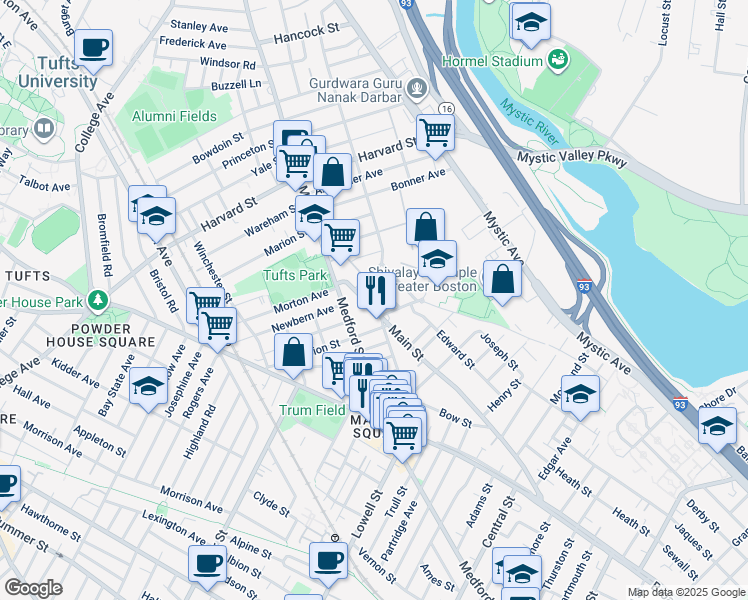 map of restaurants, bars, coffee shops, grocery stores, and more near 509 Main Street in Medford