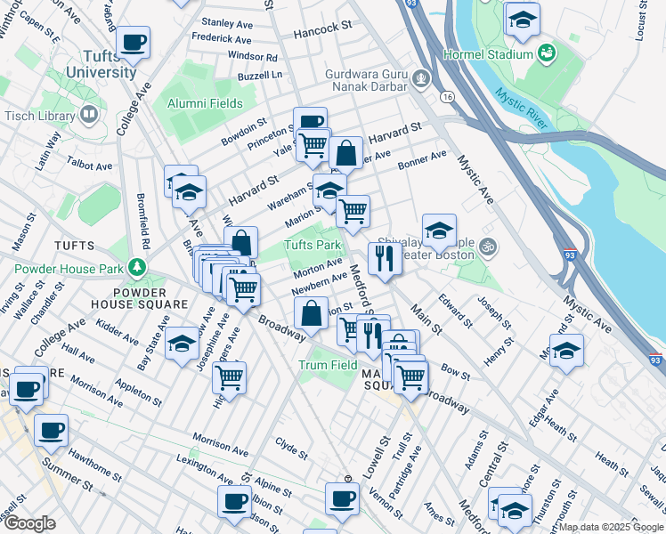 map of restaurants, bars, coffee shops, grocery stores, and more near 28 Newbern Avenue in Medford