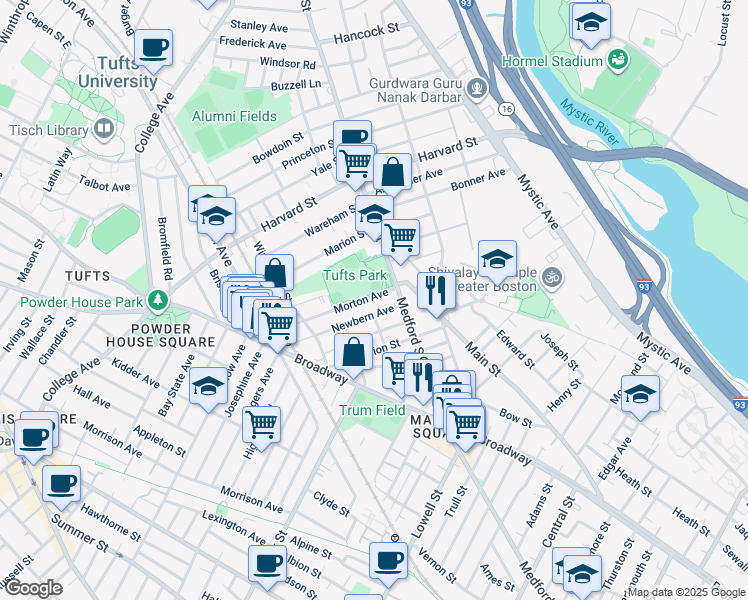 map of restaurants, bars, coffee shops, grocery stores, and more near 28 Newbern Avenue in Medford
