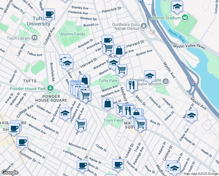 map of restaurants, bars, coffee shops, grocery stores, and more near 28 Newbern Avenue in Medford