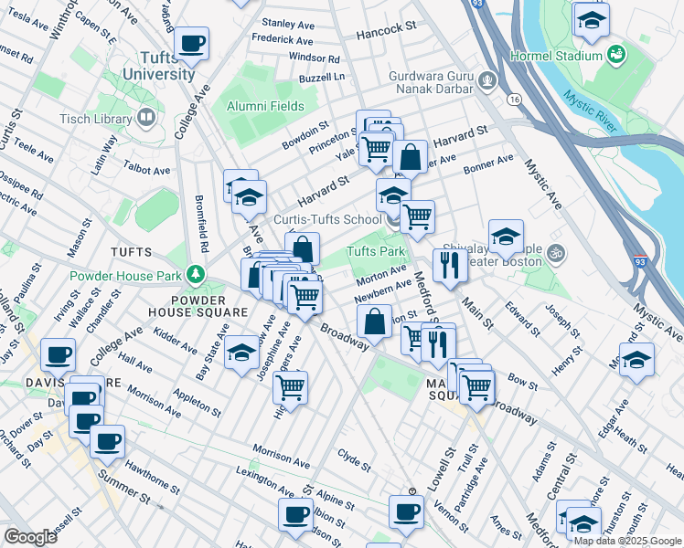 map of restaurants, bars, coffee shops, grocery stores, and more near 55 Newbern Avenue in Medford