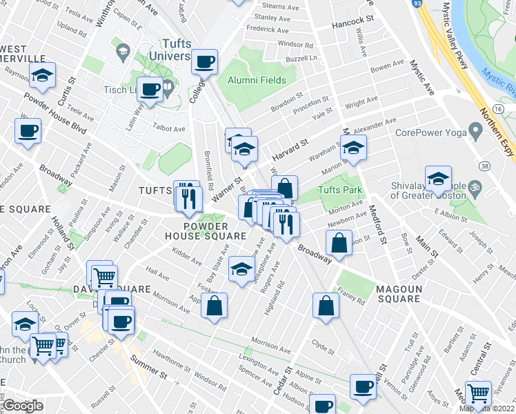 map of restaurants, bars, coffee shops, grocery stores, and more near 739 Broadway in Somerville
