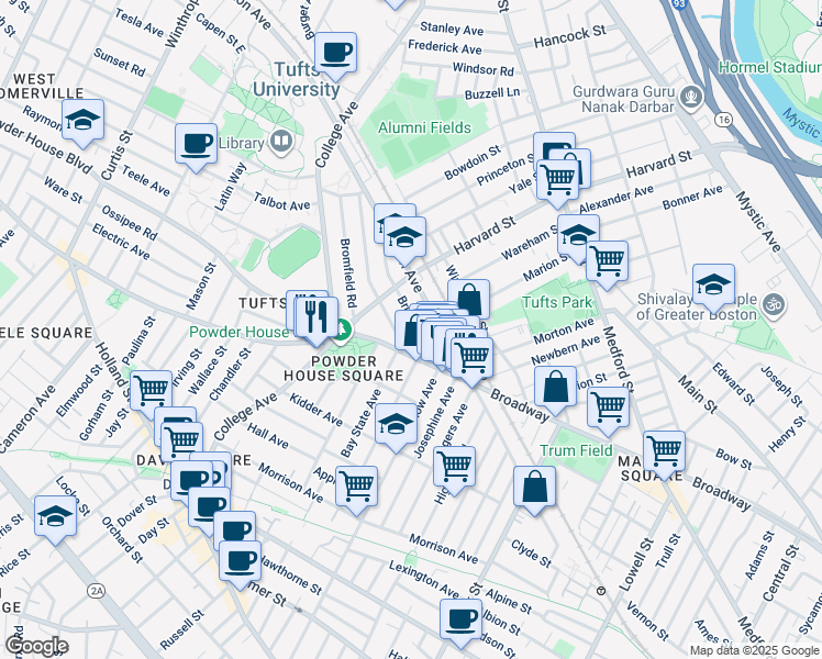 map of restaurants, bars, coffee shops, grocery stores, and more near 739 Broadway in Somerville
