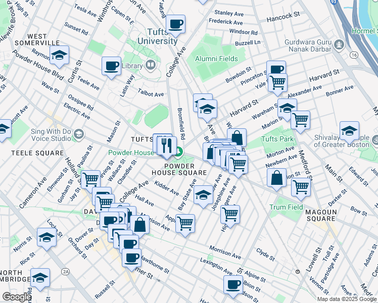map of restaurants, bars, coffee shops, grocery stores, and more near 6 Liberty Avenue in Somerville