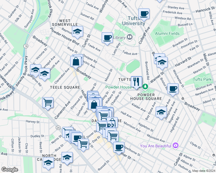 map of restaurants, bars, coffee shops, grocery stores, and more near 66 Irving Street in Somerville