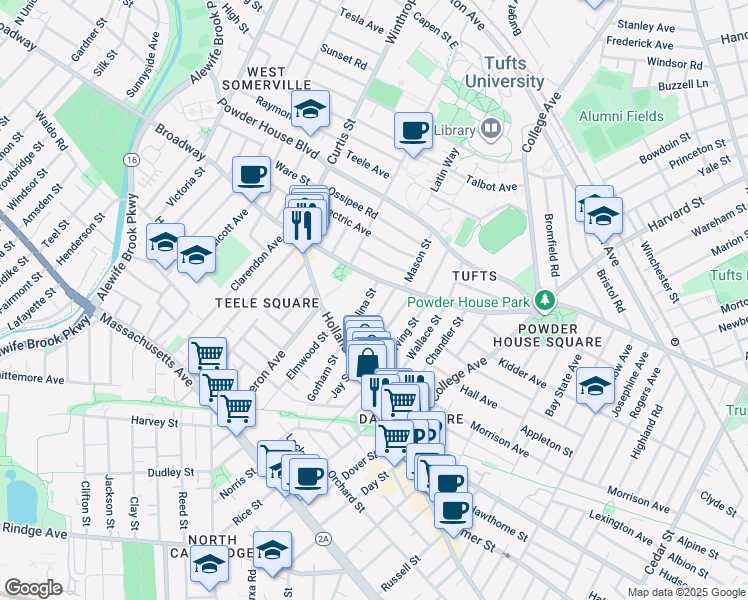 map of restaurants, bars, coffee shops, grocery stores, and more near 41 Corinthian Road in Somerville