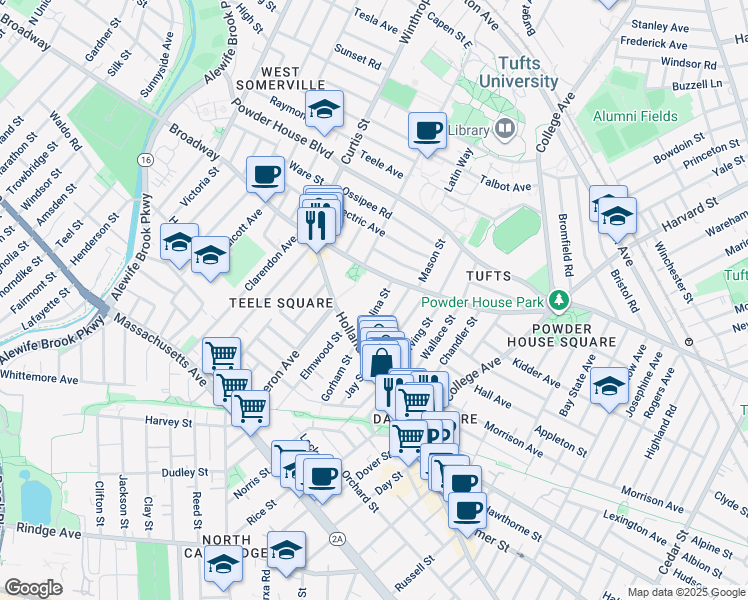 map of restaurants, bars, coffee shops, grocery stores, and more near 41 Corinthian Road in Somerville